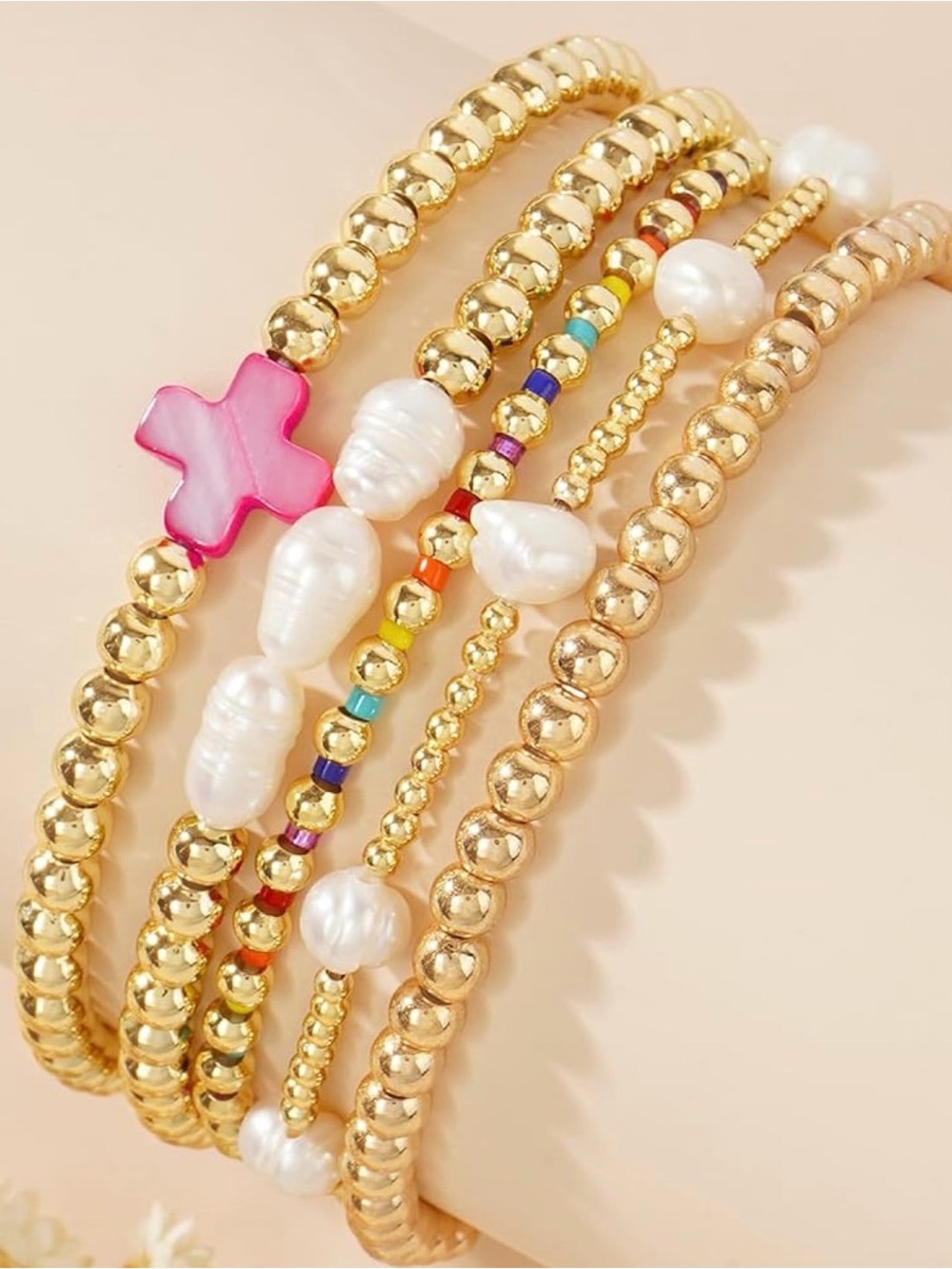 Boho Gold Beaded Bracelet Stack Set | Pink Cross & Faux Pearl Stretch Bracelets